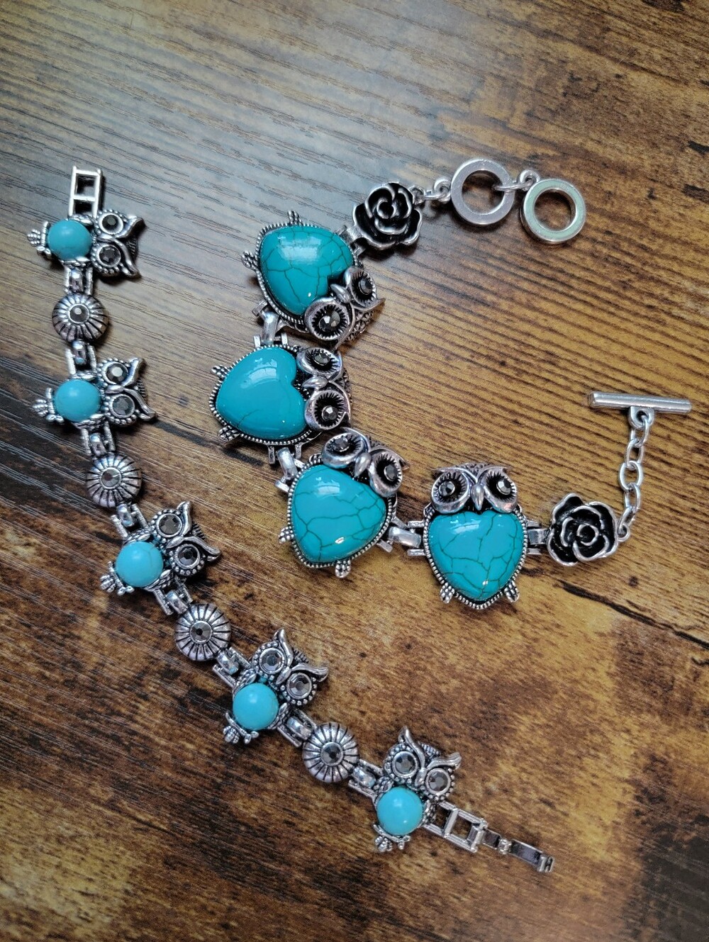 Faux Turquoise Heart and Owl Silver Bracelet Set
